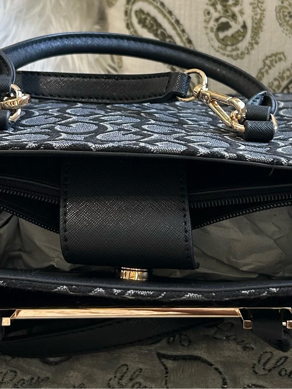 NWT GUESS Black & Gray Medium Logo Marva Jacquard Satchel with Gold Accent